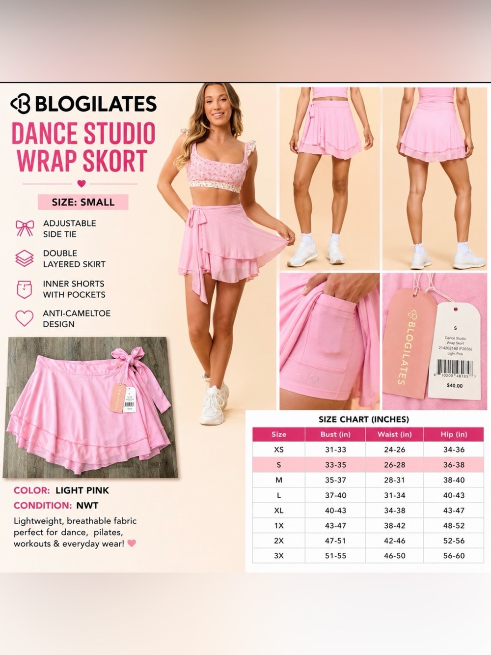 BLOGILATES Dance Studio Wrap Skort Light Pink Size Small NWT